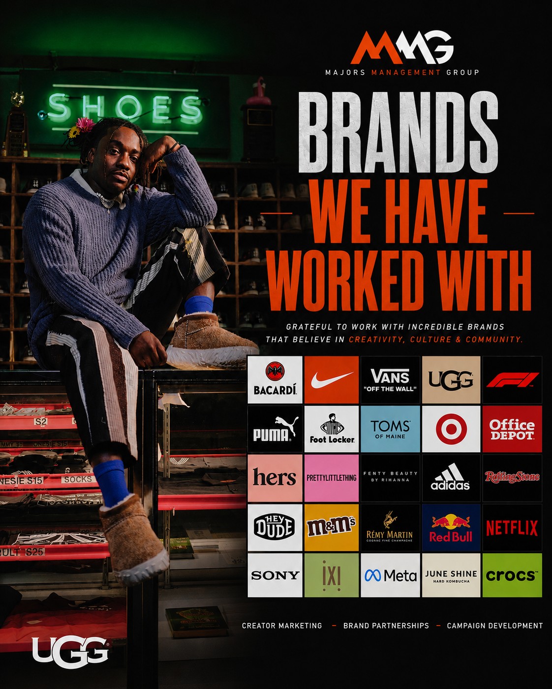 Brands Marcus Majors and Majors Management Group have worked with, including UGG, Nike, Netflix, Meta, Sony, Red Bull, Rolling Stone, Bacardí, Hershey's, Rémy Martin, Crocs, and more.